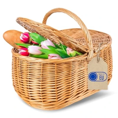 Immagine di Creative Home Cestino in Vimini con Manico e Treccia Cesto Funghi Picnic 45 x 30 38 cm (+/ 2 cm) Tessuto Fatto a Mano Durevole Salice Naturale Marrone Spesso Multiuso