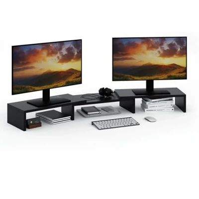 Immagine di ComfortCove supporto per doppio monitor organizzatore scrivania laptop computer 3 ripiani a lunghezza regolabile Nero