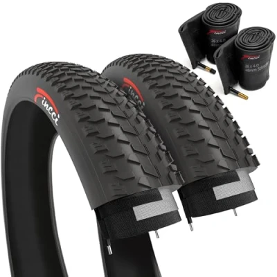 Immagine di Fincci Copertoni Fat Bike MTB 26 x 4.0 Policci Coppia Gomme 2x Camera d&#039;aria Valvola Interna 48mm Schrader 100 559 Pneumatico per Montagna, Neve, Sabbia strade Confezione da 2