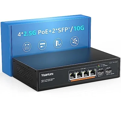 Immagine di YuanLey 6 Port 2.5G PoE Switch Non Gestito, 4 Porte Base T, 2 x 10G SFP, 802.3af/at, 78W, Compatibile con 100/1000/2500Mbps, Metallo Senza Ventola, Montaggio a Parete di Rete 2.5Gbe