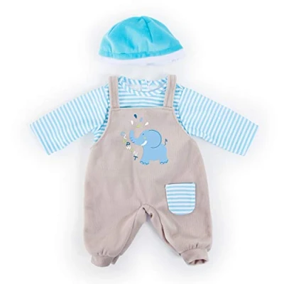 Immagine di Bayer Design bambole 33 38cm, salopette, top e berretto, set, vestito con elefante, Colore blu, grigio strisce, 83876AA