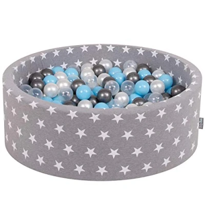 Immagine di KiddyMoon 90X30cm/300 Palline ∅ 7CM Piscina di Colorate per Bambini Tondo Fabbricato in EU, Grigio Stelle:Trasp/Argento/Perla/Azzurro