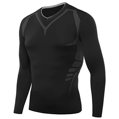 Immagine di AMZSPORT Maglia a Compressione Maniche Lunghe da Uomo con Strato di Base per Allenamento in Corsa, Nero Ver.1.0, S