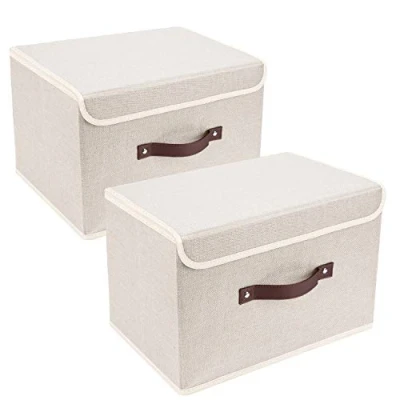 Immagine di TYEERS Scatole Portaoggetti Tessuto, Lavabile, con Coperchio Pieghevole, 38x25x25 cm, Set di 2, Beige