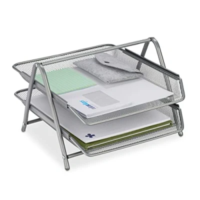 Immagine di Relaxdays Organizer Portadocumenti con 2 Vaschette, Portalettere A4, HLP: 20,5x30x35,5 cm, Rete in Acciaio, Argentato, 100%