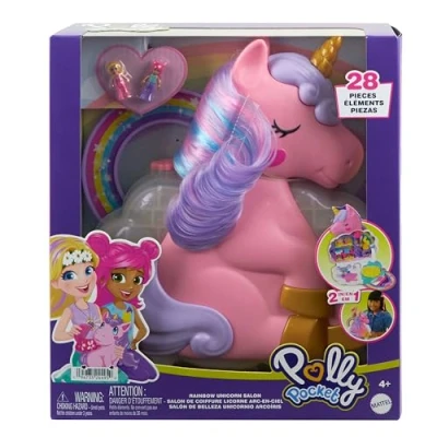 Immagine di Polly Pocket Salone di bellezza unicorno arcobaleno, playset con arcobaleno dalla testa pettinabile, 2 micro bambole e 20+ accessori, giocattolo per bambini, 4+ anni, HYD97