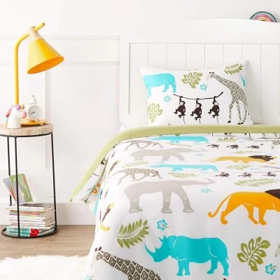 Immagine di Amazon Basics Set copripiumino per bambini, in microfibra, motivo animali, 2 unità 100 x 135 cm + 40 60