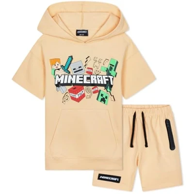 Immagine di MINECRAFT Tuta Bambino Ragazzo 2 Pz Set Tute Creeper Felpa con Cappuccio Pantaloncini Estivi Maniche Corte Regalo (7 8 Anni, Peach)