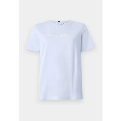 Immagine di Tommy Hilfiger Donna T Shirt Maniche Corte Script con Scollo Rotondo, Blu (Breezy Blue), XS