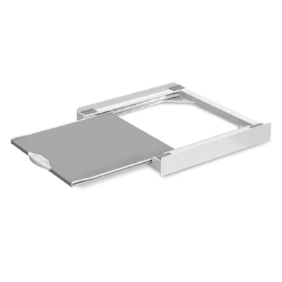 Immagine di Meliconi Base Torre Evo L60, Kit di Sovrapposizione Lavatrice Asciugatrice Universale, Supporto Premontato con Ripiano Estraibile in Legno, Cinghia Sicurezza Inclusa, Portata 250 Kg, Bianco