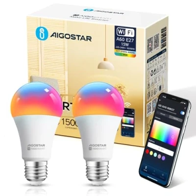 Immagine di Aigostar Lampadina LED Alexa Inteligente WiFi E27 SL2 Dimmerabile Lampadine Smart 15W 1500ML 98W equivalente, RGB &amp; 2700K 6500K, compatibile con Alexa/Google Home, 2 pezzi