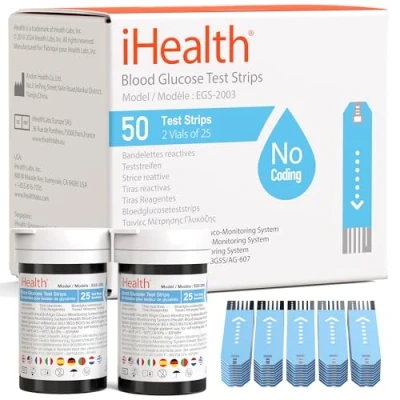 Immagine di iHealth strisce reattive per glicemia (50 conteggi), ammissibile il rimborso FSA, misurazione di precisione dello zucchero i diabetici, le funzionano solo nei misuratori glucosio