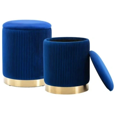 Immagine di Shally Dogan Set 2 Pouf Contenitori in Velluto, Design Moderno con Fascia Metallo, Poggiapiedi Rotondo Capiente, Sgabello Tondo Coperchio Rimovibile e Seduta Imbottita Alta Densità (Blu)