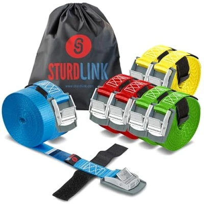 Immagine di Sturdlink x8 Piccole Cinghie di Fissaggio 25mm 250kg con Fibbia a camma 2x[2m 3m 4m 5m] per Portapacchi Bici, Barre Portatutto, Bagagli, Carrello, Canoa Kayak, Surf, Portabici e Baule Auto, Paddle