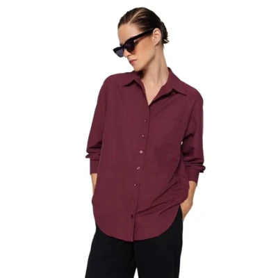 Immagine di Trendyol Camicia da Donna Dritta a Maniche Lunghe Plus Size Maglietta, Borgogna Scuro, 44