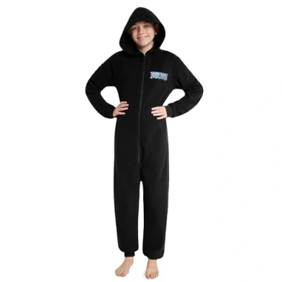 Immagine di One Piece Pigiama Intero Bambino Pigiamone in Pile Caldo 7 14 Anni Pigiami Interi Bambini con Cappuccio Anime Gadget Regalo (Nero, 9 10 Anni)