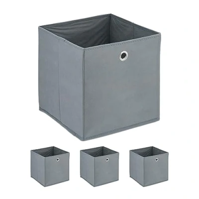Immagine di Relaxdays Scatola Portaoggetti, Set 4 Box da Scaffale, HLP: 30 x cm, Portagiochi Pieghevole, in Stoffa, Grigio, Ferro, Cartone, Tessuto Non