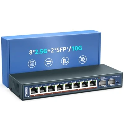 Immagine di Switch Ethernet Non Gestito a 10 Porte 2,5G, 8 2,5G Base T, 2 x 10G SFP, Compatibile con 100/1000/2500Mbps, Montaggio su Scrivania/Parete, di Rete YuanLey 2,5Gbe per AP Wireless, NAS, PC
