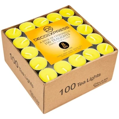 Immagine di Deco Express Lumini Candele Profumate Piccole, 4 o 8 Ore Durata Alla Citronella Confezione da 50 100 (Giallo 100/8 Ora)