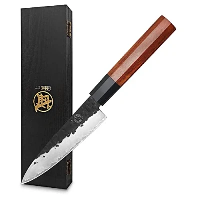 Immagine di MITSUMOTO SAKARI 14 cm Forgiato a Mano Giapponese Spelucchino, Coltello per Frutta in Acciaio ad Alto Carbonio, Professionale Piccolo da Chef (Manico Palissandro e scatola di legno)
