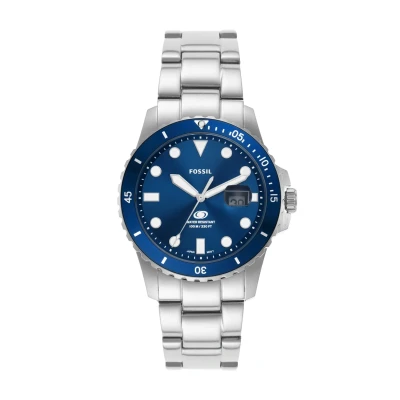 Immagine di Fossil Orologio subacqueo blu da uomo, movimento al quarzo con data a tre lancette e cinturino in acciaio inossidabile o pelle, 42 mm, Tono argento