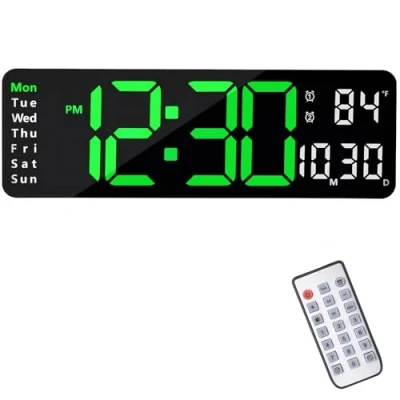 Immagine di orologio digitale da parete 13 pollici con display grande, a LED telecomando, timer e conto alla rovescia data/settimana/temperatura per camera letto