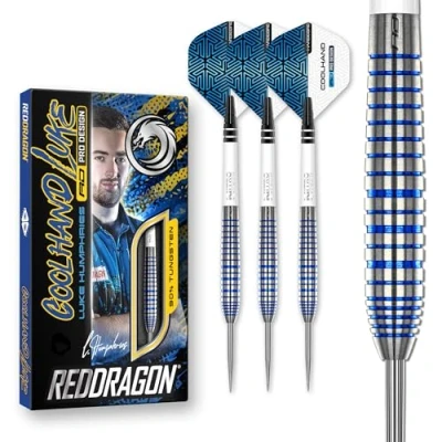 Immagine di RED DRAGON Luke Humphries TX3 Cool Blue SE 22 Grammi Premium Tungsten Steeltip Set con Alette e steli