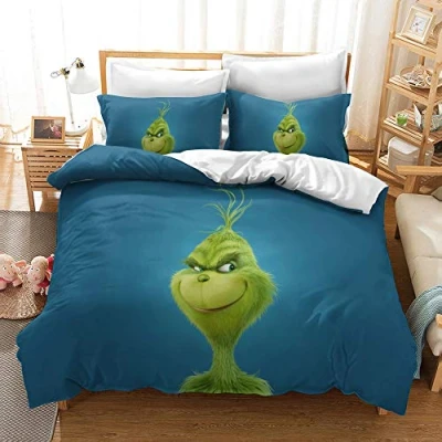 Immagine di Nichiyo, set di biancheria da letto The Grinch copripiumino e federa, microfibra, stampa digitale 3D (copripiumino + federe) (4, singolo 135 x 200 cm)