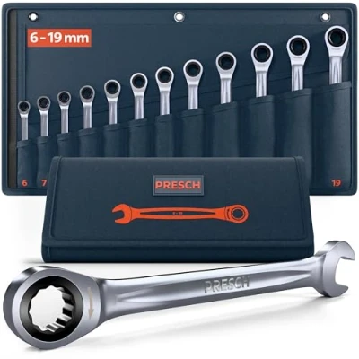 Immagine di PRESCH Set di chiavi a cricchetto 12 pz (6 19mm) con borsa Angolo ritorno minimo (fino 4, 90 denti) Chiave robuste fresate precisione
