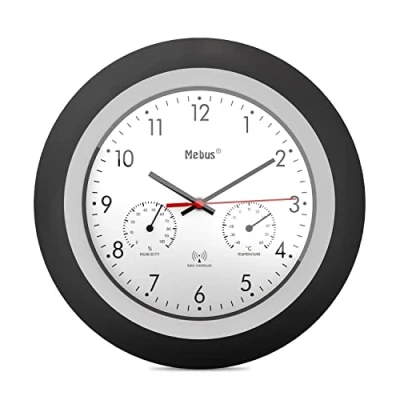 Immagine di Mebus Funk Wanduhr mit Thermometer und Hygrometer/schwarzer Rahmen/weißes Zifferblatt / 29cm Durchmesser/Rund/Modell: 19449 Farbe: Schwarz, Weiß