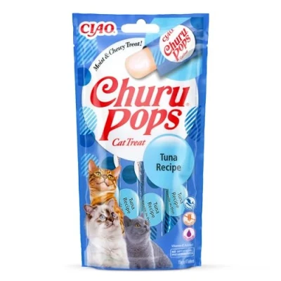 Immagine di INABA Churu Pops Snack per Gatti in Stick di Gelatina al Tonno 1 Pack (4 x 15gr) Cibo Sano e Gustoso, Texture Morbida Gatto Senza Conservanti o Coloranti Artificiali
