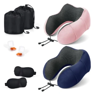 Immagine di SOMLAW Cuscino da Viaggio, Set di 2 Collo Memory Foam, Cervicale Viaggio Portatile, Perfetto per Aereo Auto Ufficio, Inclusa Maschera Dormir, Borsa Trasporto
