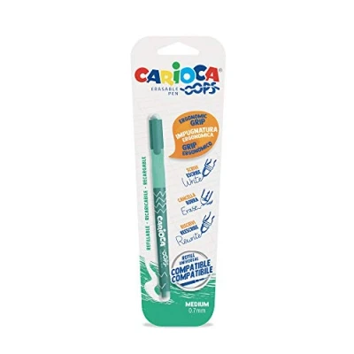 Immagine di CARIOCA Oops Penna Nera, Cancellabile Ricaricabile per Scuola e Ufficio con Cappuccio, Doppia Gomma Impugnatura Ergonomica, Colore Verde, 1 Pezzo