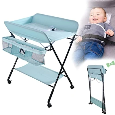 Immagine di Fasciatoio Pieghevole per Neonato con Struttura Stabile,Fasciatoio Bambini, Salva Spazio, Cambio Pannolino,4 ruote freno,Fasciatoio Portatile Scomparti Portaoggetti (80*66*98cm Blu)