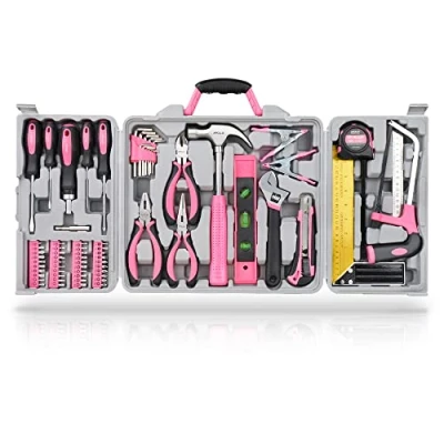Immagine di Apollo Kit di attrezzi rosa per la casa da 71 pezzi. Utensili manuali più comuni riparazioni domestiche Cacciaviti, Martello, Chiave, Pinze &amp; altro in una Custodia
