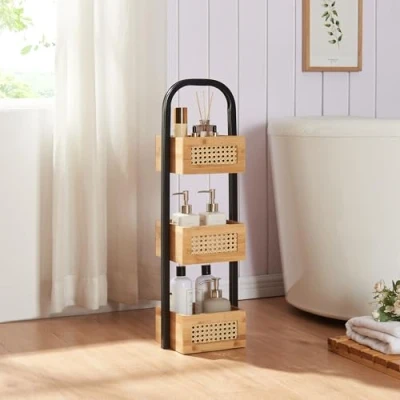 Immagine di [en.casa] Scaffale con 3 Ceste in Bambù Frontali Decorativi Effetto Rattan Mobile Contenitore a Livelli per Bagno Cucina Salotto 73 x 23 19 cm Nero/Naturale