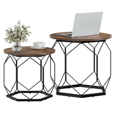 Immagine di WOLTU Set di 2 Tavolini da Salotto Rotondi, Contenitori in Legno e Metallo, Tavoli Caffè con Piano Rimovibile, per Soggiorno, Camera Letto, Marrone Rustico, BTS05vbn