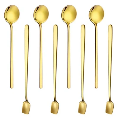 Immagine di CKANDAY Set di 8 cucchiaini, in acciaio inox, con cucchiaini da caffè e manico lungo per zucchero dessert gelato zuppa antipasto cappuccino aperitivo frullato colore oro