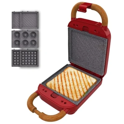 Immagine di Cecotec Tostiera Vintage Rock&#039;Ntoast Retro One Rosso. 700W, 3 Piastre Intercambiabili, Design Retrò, Rivestimento Rockstone, Indicatore Luminoso, Base Antiscivolo, Manico Freddo, Clip Chiusura