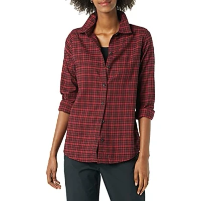 Immagine di Amazon Essentials Camicia in Flanella a Quadri Leggera Maniche Lunghe e vestibilità Classica Donna, Nero Rosso Quadretti Piccoli, S