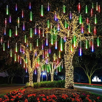 Immagine di HULX Luci della Pioggia di Meteoriti del LED, 30cm 8 Tubi 144LED Stringa Solare da Cadenti Impermeabili con Modalità (Multicolore)