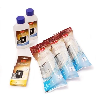 Immagine di Melitta Kit Per la pulizia macchina del caffé, macchine dela caffé automatiche, 100% ecologico, 3 filtri Pro Aqua, 4 Cleaning Tabs, 2 Anti Calc