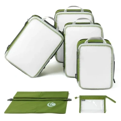 Immagine di Cipway Organizer Valigia,Cubi da Imballaggio a Compressione, Design Rete, Salvaspazio Borse Viaggio Set Sacchi Sottovuoto Vestiti per Zaini o Bagagli Mano (Verde,6 Pezzi)