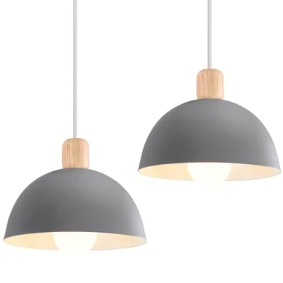 Immagine di iDEGU 2 Pezzi Lampade a Sospensione Retrò 20CM LED Lampada Soffitto in Legna Metallo Moderna Lampadario Stile Scandinavo Semicerchio Plafoniera per Soggiorno Sala da Pranzo Camera Letto(Grigio)