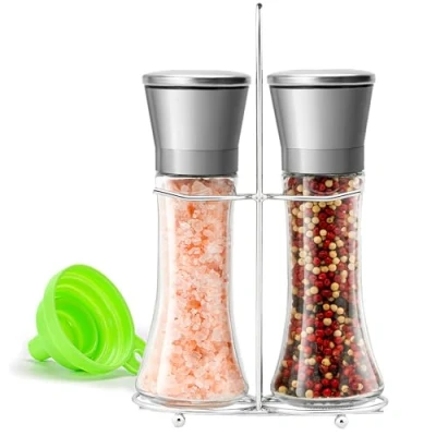 Immagine di M JINGMEI Sale e PepeSet di 2, Manuale Macina Pepe， Macinino per Spezie, Regolabile Pepe con Cappuccio in Acciaio Inox Supporto Corpo Vetro