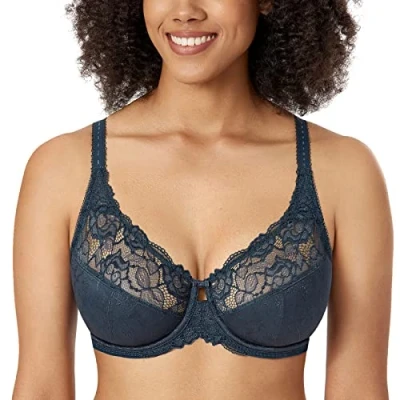 Immagine di DELIMIRA Reggiseno Donna Minimizer in Pizzo Taglie Forti con Ferretto Sostegno Totale Jacquard Senza Imbottito Sargassi 3E