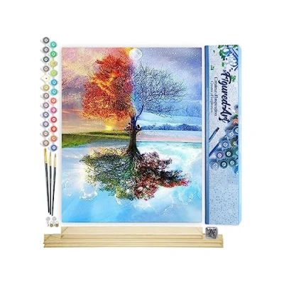 Immagine di Figured&#039;Art Dipingere con i Numeri Paint by Numbers Albero Delle 4 Stagioni, Passatempo per Adulti, Kit Completo, Hobby Creativi 40x50cm cornice in legno fai da te