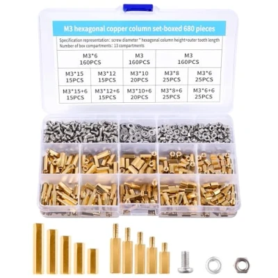 Immagine di 680 Pezzi M3 Ottone Maschio Femmina Esagonale Distanziale Vite Dado Filettato Pilastro PCB Scheda Madre Assortimento Kit