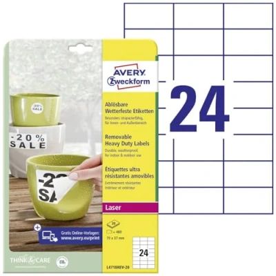 Immagine di Avery Zweckform L4718REV 20 Etichetta a Pellicola 70 x 37 mm in poliestere Bianco 480 pz. Staccabile Stampante laser colori, laser,