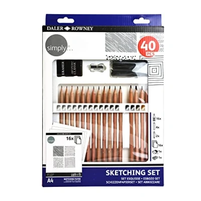Immagine di Daler Rowney Simply sketching set da disegno 40 pezzi con 15 matite in grafite,sanguinia,sepia,fusaggine 4 carboncini,2 sfumini,16 fogli A4
